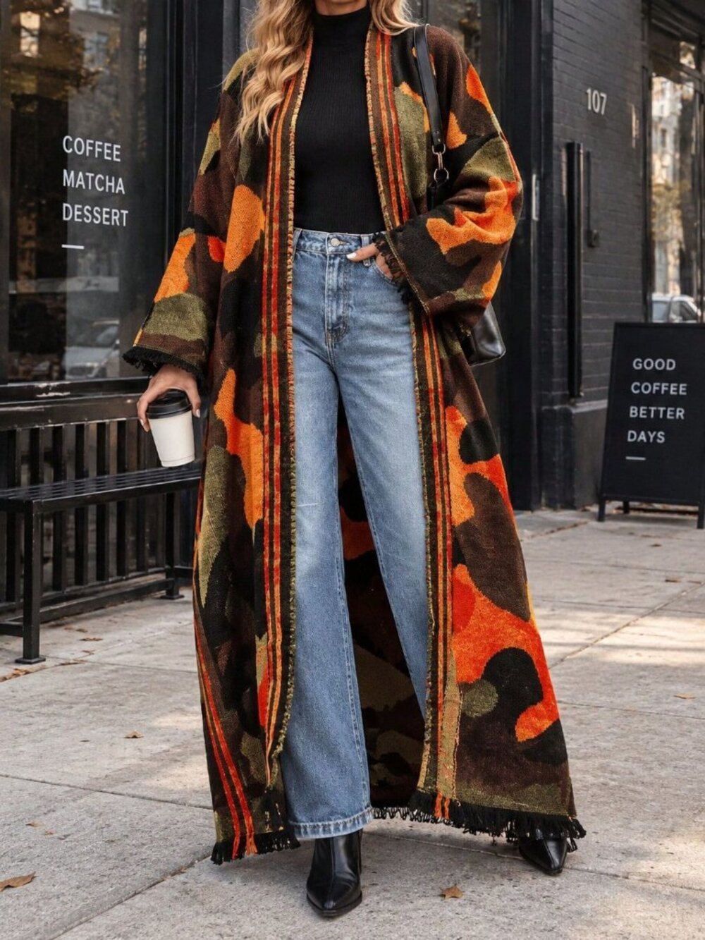 Orange Elegant Women's Long Open‑Front Cardigan